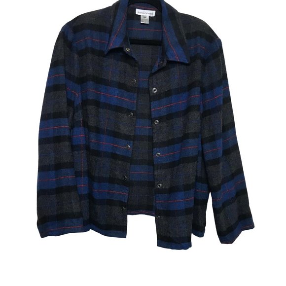 Evan Picone VTG Blue Grey Black Plaid Shirt Jacket 22W Wood Blend Snap Closure - Picture 4 of 8